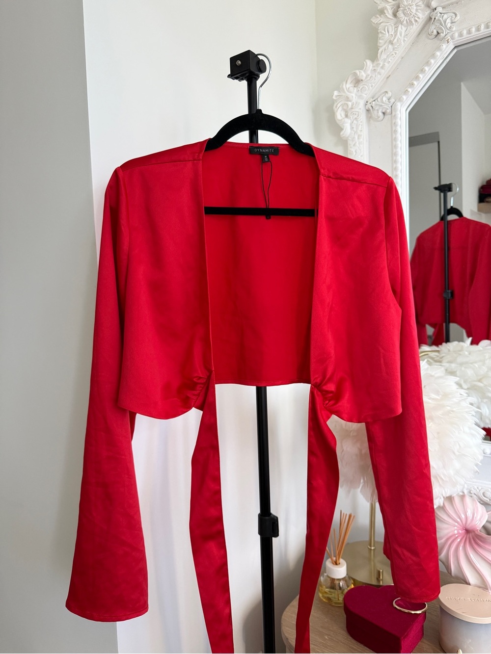 Dynamite Red Satin Tie Front Bell Sleeve Crop Top - Picture 2 of 11